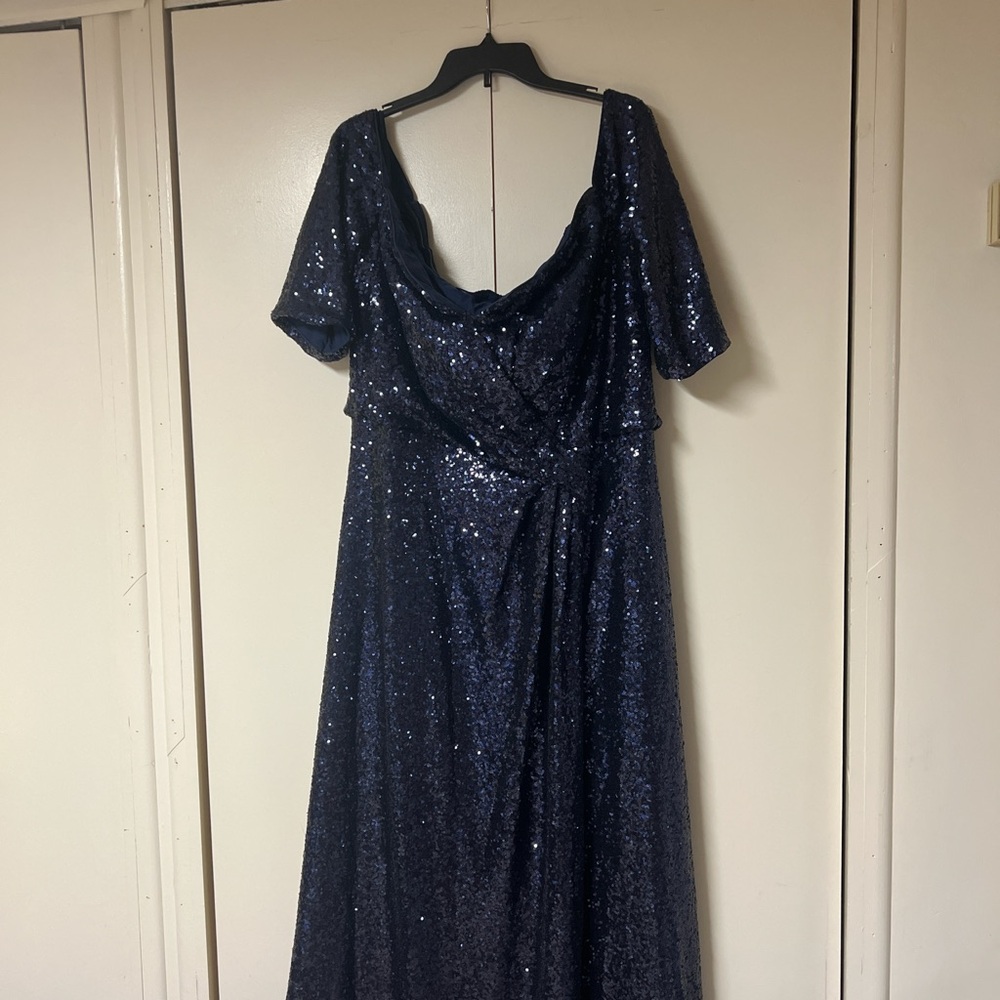 Rene Ruiz Blue Sequin Long Sleeve Off Shoulder Floor Length Evening Gown Size 18